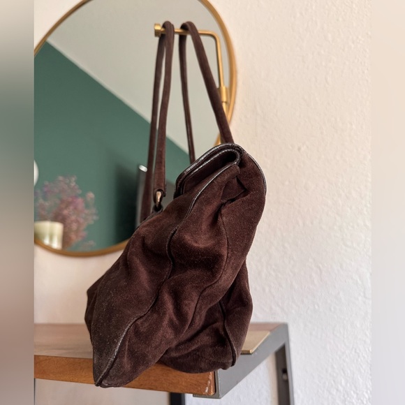 Prada Vintage Scamosciato Brown Suede Shoulder Bag Silver Hardware Push Lock - Picture 7 of 16
